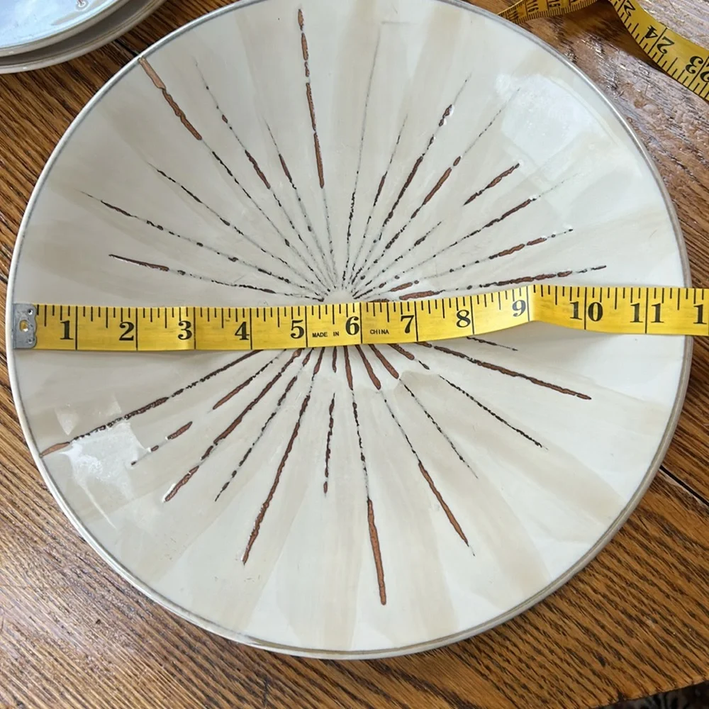 Pier 1 Stoneware 11.5” dinner plate. Retired Sanctuary pattern. Cream, gray red